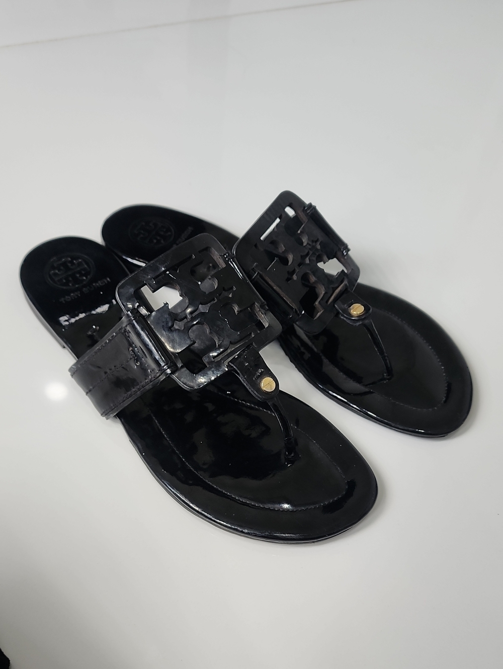 Tory Burch Black Patent Logo Thong Sandals with Gold Accent